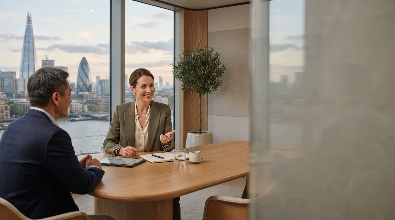 Rieka Vernova remote professional reviewing AI-driven investment data while travelling